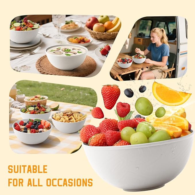 Homienly Wheat Straw Bowls with Unique Texture Design, 40 OZ Salad Bowls for Kitchen, Camping, Unbreakable Microwave and Dishwaher Safe Bowl Set, Stackable Cereal Bowl for Serving, Ramen-White