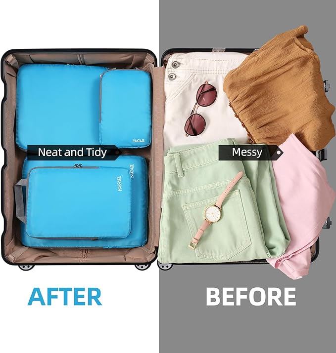 BAGAIL 4 Set/6 Set/8 Set Compression Packing Cubes Travel Accessories Expandable Packing Organizers (Cloth Pattern, 4-Blue)