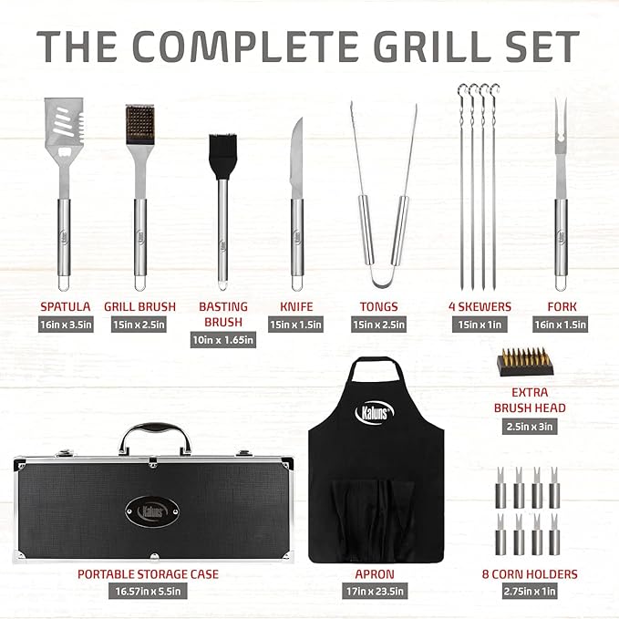 Kaluns Grilling Accessories, Birthday Gifts for Men Grilling Gifts, Heavy Duty Stainless Steel BBQ Grill Tools Set for Outdoor Grill with Aluminum Case and Apron, Husband Dad Gifts for Christmas