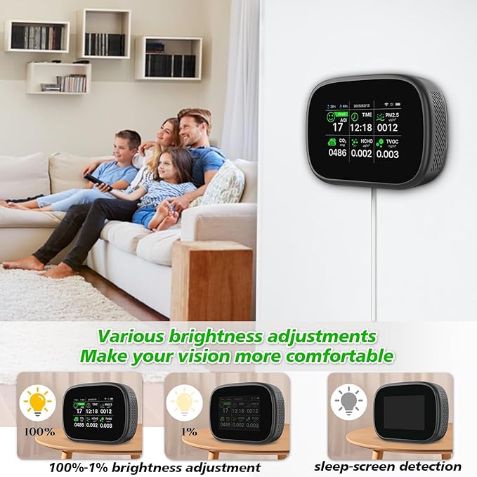 18-in-1 Smart Air Quality Monitor - Indoor WiFi Air Quality Detector with Dual Chip, Real-Time for AQI, CO2, PM2.5, PM1.0, PM10, TVOC, HCHO, Time Display, Temperature & Humidity with APP (Black-Black)