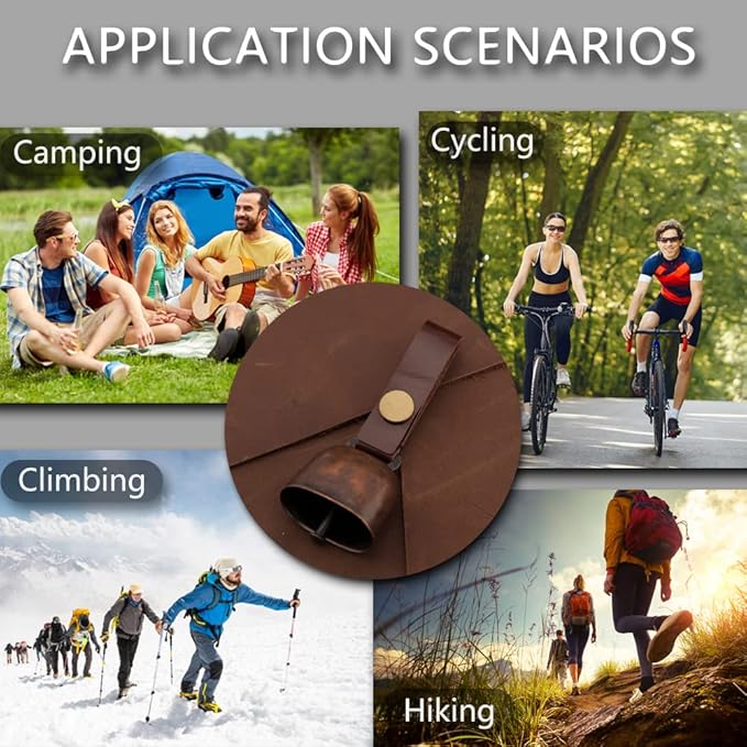 kcrygogo Loud Bear Bells with Leather Button Strap and Emergency Whistle for Survival, Hiking, Biking, Fishing, Climbing（2sets