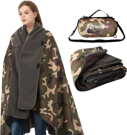 4-in-1 Large Camping Blankets - Waterproof, Windproof Fleece Outdoor Blankets for Stadium, Sports, Car, Concert - 81"x57", Portable (Camouflage)