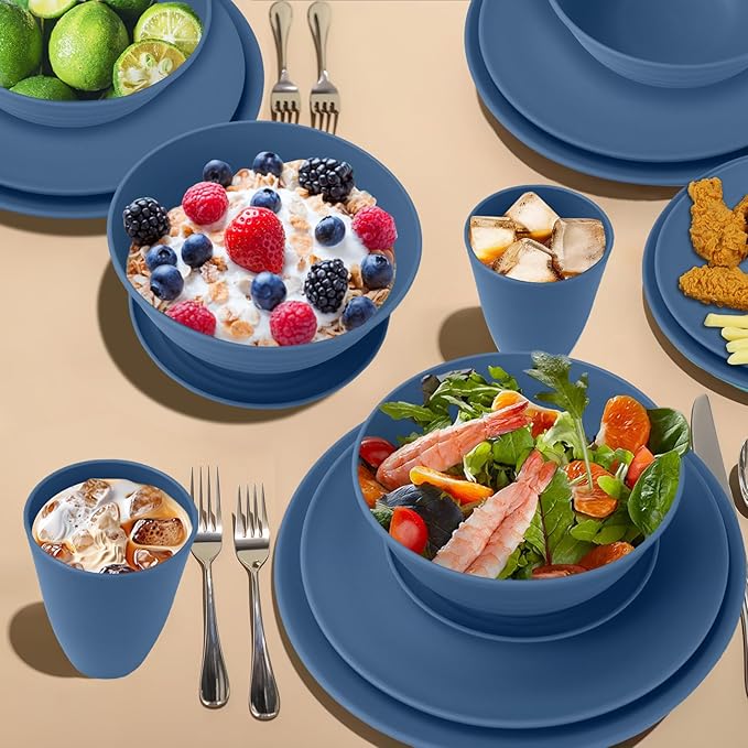40Pack plates and bowls sets for kids - Unbreakable wheat straw dinnerware sets service for 8 - Alternative plastic 40pcs dishes for kitchen, camping and indoors dinning - (Blue)