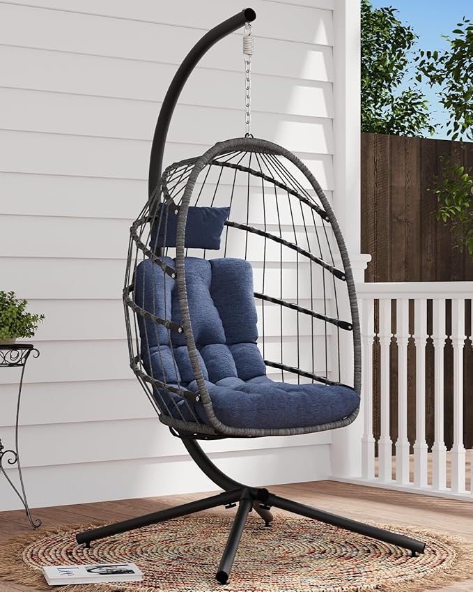 SWITTE Egg Chair Outdoor with Stand, Indoor Wicker Hanging Egg Swing Chair with Cushion, 350lbs Capacity for Patio, Bedroom, Garden - Dark Blue