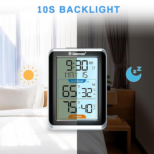 Geevon Wireless Indoor/Outdoor Thermometer & Hygrometer, Digital Temperature & Humidity Sensor with Time, Clock, 200ft/60m Range, 3.8‘’ Large Display