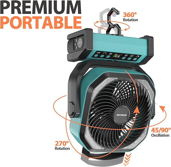MORECORE 20000mAh Rechargeable Camping Fan with Light, 112HRS Running, 8-Speed, Auto Oscillating, Timer, LED Digital Display, 270°Pivot with Hook for Tent RV Emergency Garage-Blue
