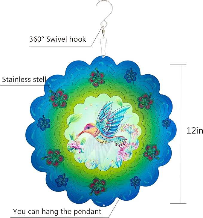 Hummingbird Metal Wind Spinners - Hummingbird Gifts for Women Mom Grandma Wife, Hanging Animations Wind Spinner for Outdoor & Indoor Decorations, 12 inch for Ornament Gifts