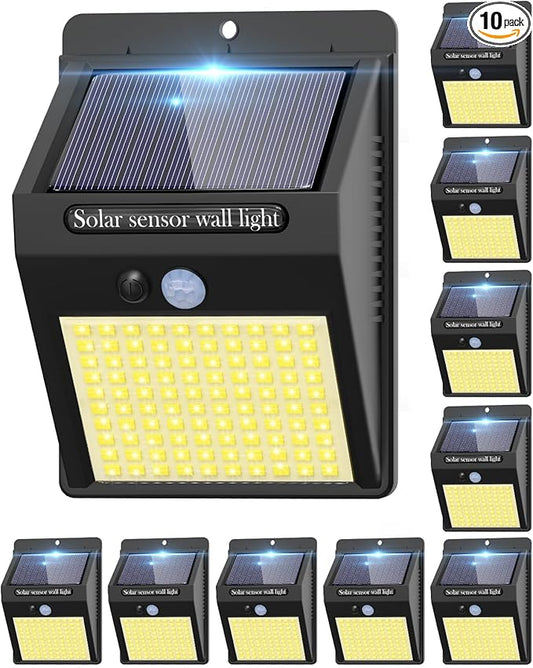 10 Pack Solar Motion Lights - 3 Modes/100LED Outdoor Security Lights - Wireless, IP65 Waterproof - Warm White for Front Door, Backyard, Garage, Deck