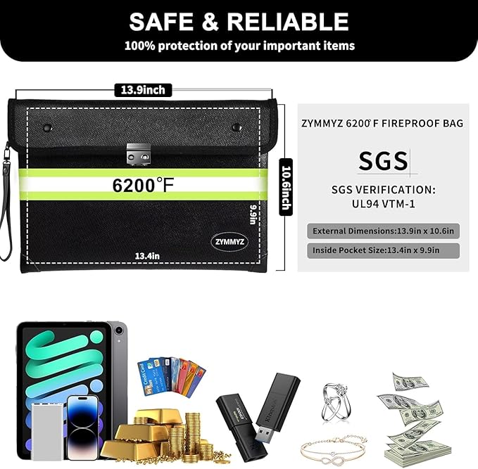 6200℉ Insulated Fire Proof Money Bag for Cash with Lock,Fireproof Waterproof Document Pouches with Double-Sided Reflective Strip,Money Envelopes for Cash,Valuables,Jewelry