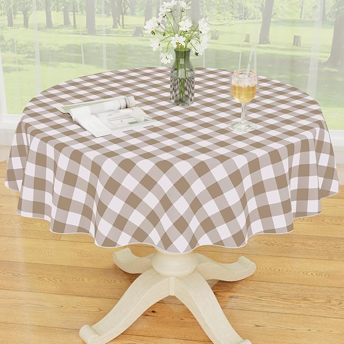 Smiry Round Plastic Table Cloth, Waterproof Vinyl Tablecloth with Flannel Backing, Wipeable Buffalo Plaid Table Cover for Dining, Indoor and Outdoor (Khaki & White, 60" Round)