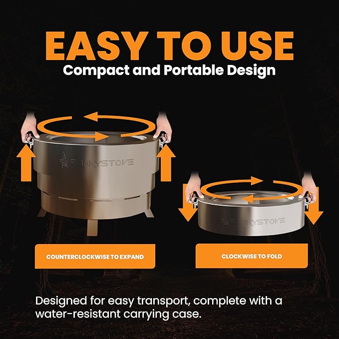 Smokeless Fire Pit for Outdoor Wood-Burning – Portable, Compact & Foldable Design for Camping, Bonfires, Tiny Cabin, Ventless Burn, Solo Pits, and Backyard Use – Stainless Steel, 23-Inch Slinky Stove
