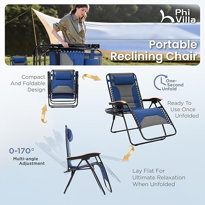 PHI VILLA XXL Oversized Padded Zero Gravity Chair, Foldable Patio Recliner, 30" Wide Seat Anti Gravity Lounger with Cup Holder, Set of 2, Support 400 LBS (Thumb Blue)
