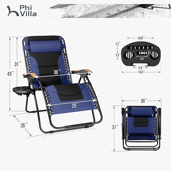 PHI VILLA XXL Oversized Padded Zero Gravity Chair, Foldable Patio Recliner, 30" Wide Seat Anti Gravity Lounger with Cup Holder, Set of 2, Support 400 LBS (Navy Blue)