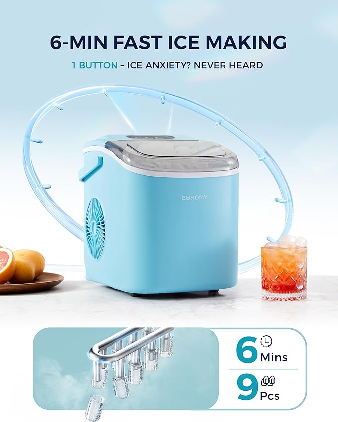 EUHOMY Countertop Ice Maker Machine with Handle, 26lbs Per Day, 9 Ice Cubes Ready in 6 Mins, Auto-Cleaning Portable Ice Maker with Basket and Scoop, for Home/Kitchen/Camping/RV (Blue)