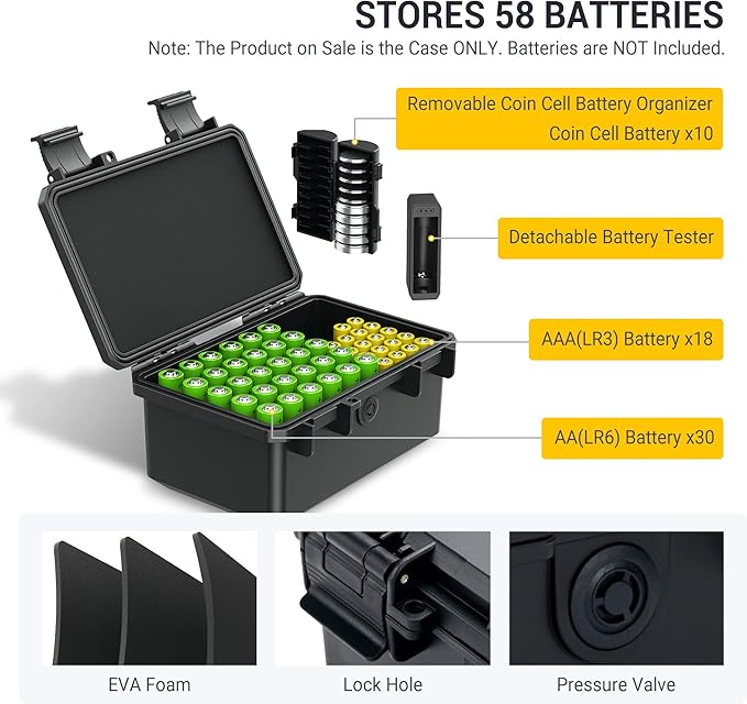 KIWIFOTOS 58 Slots AA AAA CR2032 Battery Case Holder with Tester, IP67 Waterproof Outdoor Batteries Storage Organizer Container with 3V CR2032 Button Battery Holder