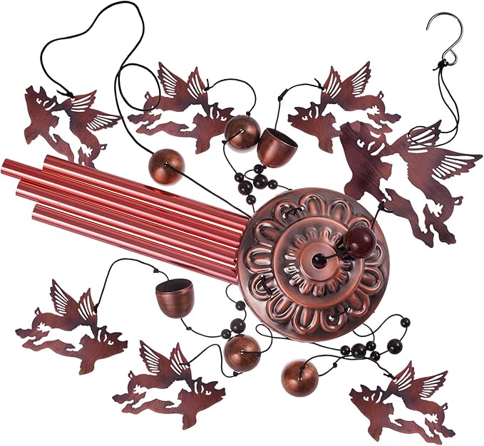 Outdoor Flying Pig Wind Chimes Indoor Decor - Hand-Made Mobile Romantic Wind Catcher, 37" Pigs Wind Chime for Home, Balcony, Patio, Garden Decoration, Gift for Mom, (4 Tubes, 6 Bells, 7 Flying Pigs)