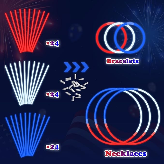 Red White Blue Accessories for Kids, Patriotic 72 PCS Glow Sticks Party Favors Birthday Games Activities & Supplies, USA Treat Goodie Gift Bag Stuffers, Light Up Party Toys Stuff Decor for America