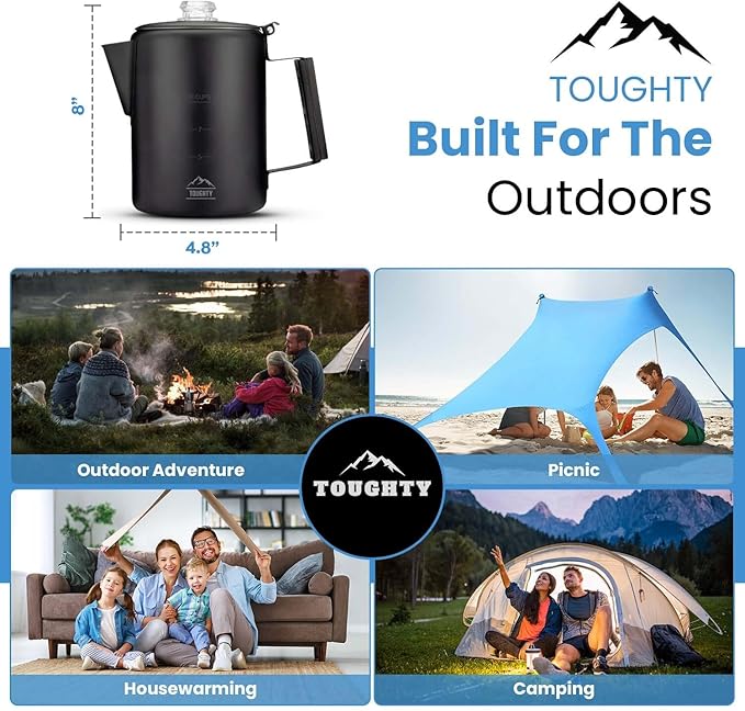 Toughty Yosemite Percolator Coffee Pot – Classic Coffee Percolator Stovetop for Camping & Home – Durable Stainless Steel - Gas, Electric & Induction Stoves – Old-Fashioned Cowboy-Style Pot – 12 Cups