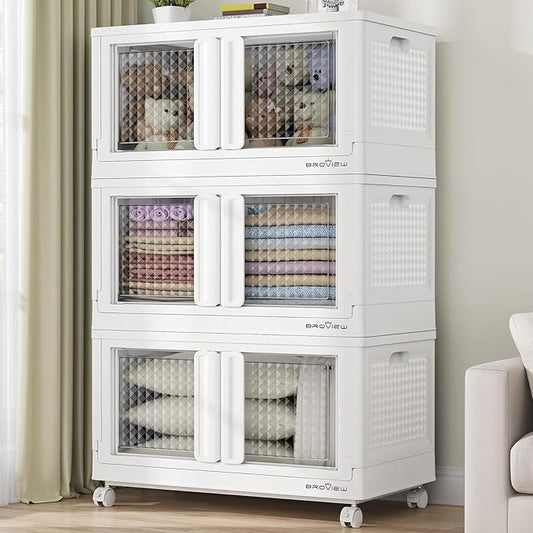 300Qt Stackable Storage Bins with Lids, 75Gal Closet Organizers and Storage Drawer, Plastic Collapsible Storage Bins with Doors, Heavy Duty Store Box Cabinet for Home Kitchen, 3Pack White