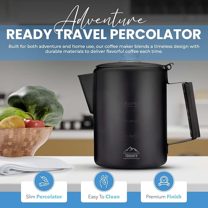 Toughty Yosemite Percolator Coffee Pot – Classic Coffee Percolator Stovetop for Camping & Home – Durable Stainless Steel - Gas, Electric & Induction Stoves – Old-Fashioned Cowboy-Style Pot – 9 Cups