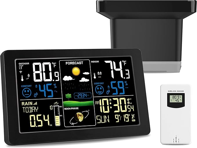 Digital Rain Gauge and Weather Station, Wireless Rain Gauge Outdoor, Home Weather Stations Wireless Indoor Outdoor with Thermometer, Barometer, Hygrometer, Atomic Clock, Weather Forecast and Alerts