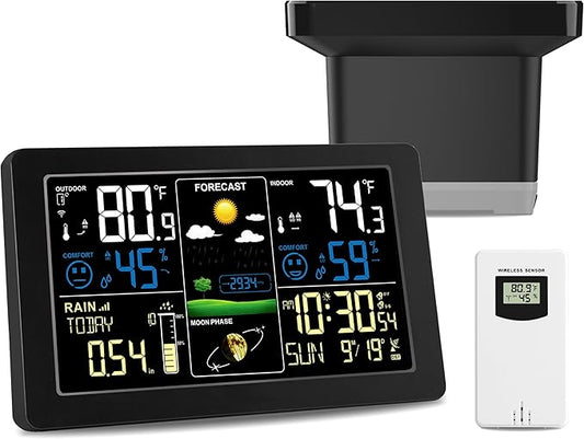 Digital Rain Gauge and Weather Station, Wireless Rain Gauge Outdoor, Home Weather Stations Wireless Indoor Outdoor with Thermometer, Barometer, Hygrometer, Atomic Clock, Weather Forecast and Alerts
