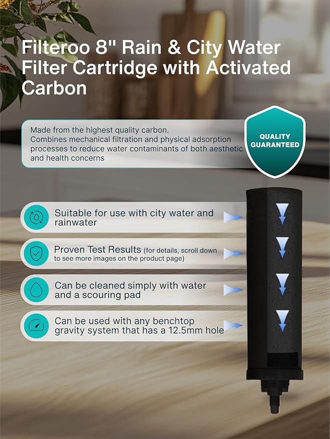 Filteroo® Superoo Countertop Gravity Water Filter System - 3.17 Gal/12L | 304 Stainless Steel | 2 Carbon Filters | NSF/ANSI Tested Gravity-Fed Water Purifier | Remove Bacterias & Heavy Metals
