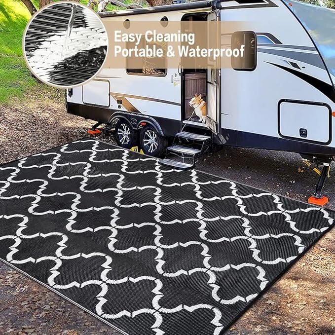 Outdoor Plastic Straw Rug, Waterproof Mat, Washable Large Floor Mat and Rug for Outdoors, RV, Beach, Patio, Camping, Backyard, Deck, Picnic, Indoor Outside (5x8ft,Lantern/Black&White)