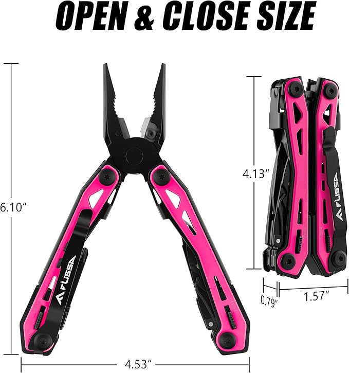 FLISSA 16-in-1 Pink Multi Tool Pliers, Gift for Father, Stainless Steel EDC Multitool with Pocket Knife, Belt Clip and Oxford Pouch, for Camping Survival Outdoor Activities