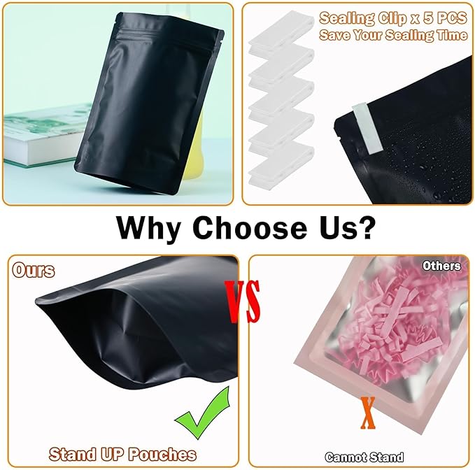 200 Pcs Mylar Bags for Food Storage 5x7 Smell Proof Bag Stand Up, Foil Resealable Bags for Food, Freeze Dried Candy Packaging Sealable Pouch Jewelry Bracelet Pouch for Small Business, Black