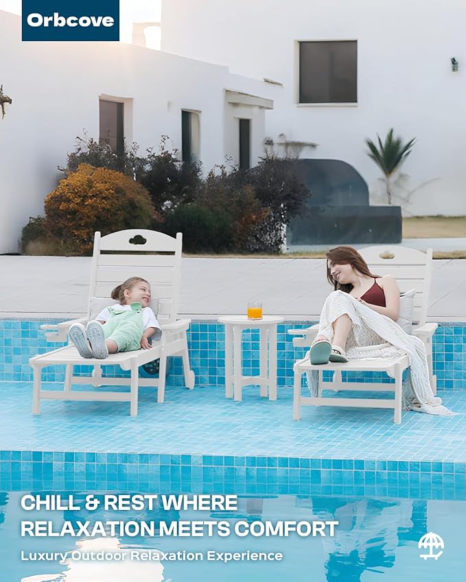 Outdoor Lounge Chair with Cup Holder, Outdoor Chaise Lounge with 6-Position Adjustable Backrest, HDPE Lounge Chair for Poolside, Patio, Deck & Backyard, Chaise Lounge with Wheels (White, 1)