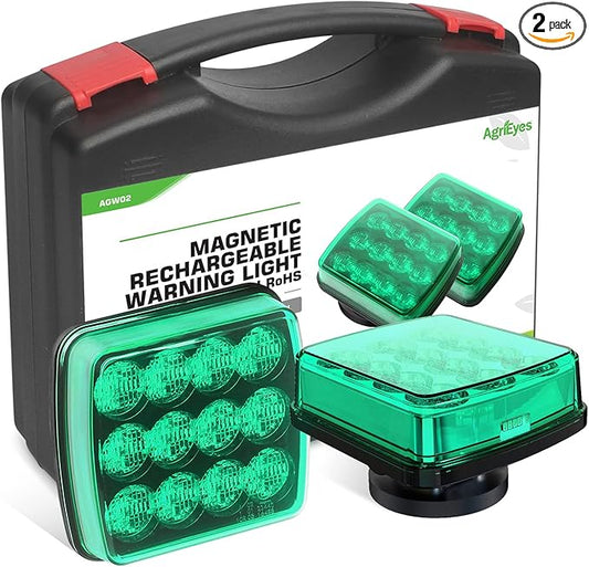 Agrieyes 2Pcs Wireless Emergency Strobe Lights for Trucks,Vehicles, Rechargeable Led Beacon Lights with Super Magnetic, Plow Flashing Hazard Warning Light for Tractor,Automotive, Boat (Green)