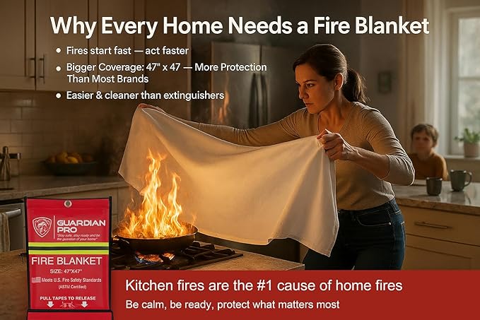 Guardian Pro New 2025 Emergency Fire Blanket for Home and Kitchen - 1 Pack Over 40"x40" Flame Suppression Fiberglass Fire Blankets for House Camping Car Office Warehouse Emergency Survival Safety