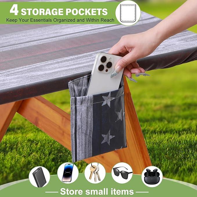 Fitted Picnic Table Cover with Bench Covers Waterproof Elastic Edges Rectangle Patio Tablecloth Outdoor Camping Essentials Stuff Rv Accessories Summer Trip Travel Supplies Party Camper Gifts, 8 ft