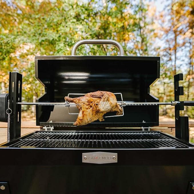 Ash & Ember 4W Rotisserie Spit Roaster Grill, Rated 33 LB, Horizontal Adjustable Spit Rod for Outdoor Charcoal BBQ with Hood, Roast Chicken, Lamb, Pig, Beef