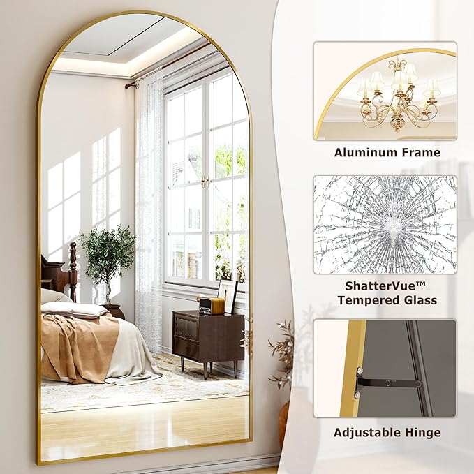 77" x 38" Arched Full Length Mirror with Gold Aluminum Frame - Oversized Floor Mirror for Bedroom, Living Room & Gym - Wall Mounted/Standing/Leaning Design