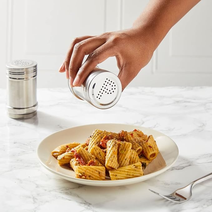 2 oz Stainless Steel Metal Salt and Pepper Shakers Set for Kitchen, Dinner Table, Cooking, Travel, Refillable, Perforated "S" and "P" Caps (3.5 in)