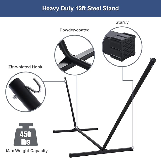 12 Ft Yard Hammock with Stand, 2 Person Hammock Freestanding with Curved Spreader Bar, Large Hammocks for Outside with Pillow and Portable Bag, Heavy Duty 450 lbs, Blue Stripes