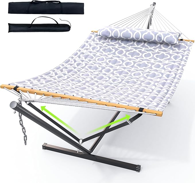 Double Hammock with Stand for Outdoor, Heavy Duty Portable Hammock with Adjustable Steel Stand for Patio, Garden, Beach, Backyard - Includes Carrying Bag,Round Gray