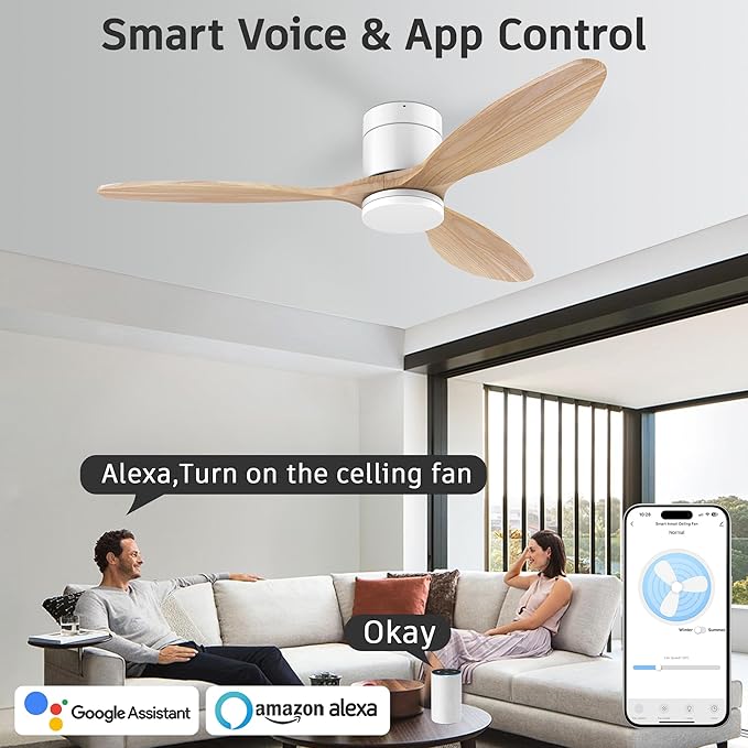 52" Smart Wood Ceiling Fans with Light and Remote,Low Profile Outdoor Indoor Ceiling Fan with Dimmable Light and Quiet DC Motor,Control with Alexa Google Voice App,for Modern Flush Mount Bedroom Patio