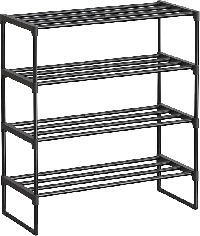 SONGMICS Shoe Rack, 4-Tier Shoe Organizer, Metal Storage Shelf, Upright or Upside Down, for 10-15 Pairs, Stackable, for Entryway, 11.8 x 26.8 x 29.5 Inches, Black ULSA204B01