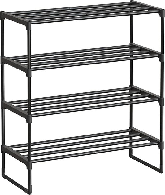SONGMICS Shoe Rack, 4-Tier Shoe Organizer, Metal Storage Shelf, Upright or Upside Down, for 10-15 Pairs, Stackable, for Entryway, 11.8 x 26.8 x 29.5 Inches, Black ULSA204B01
