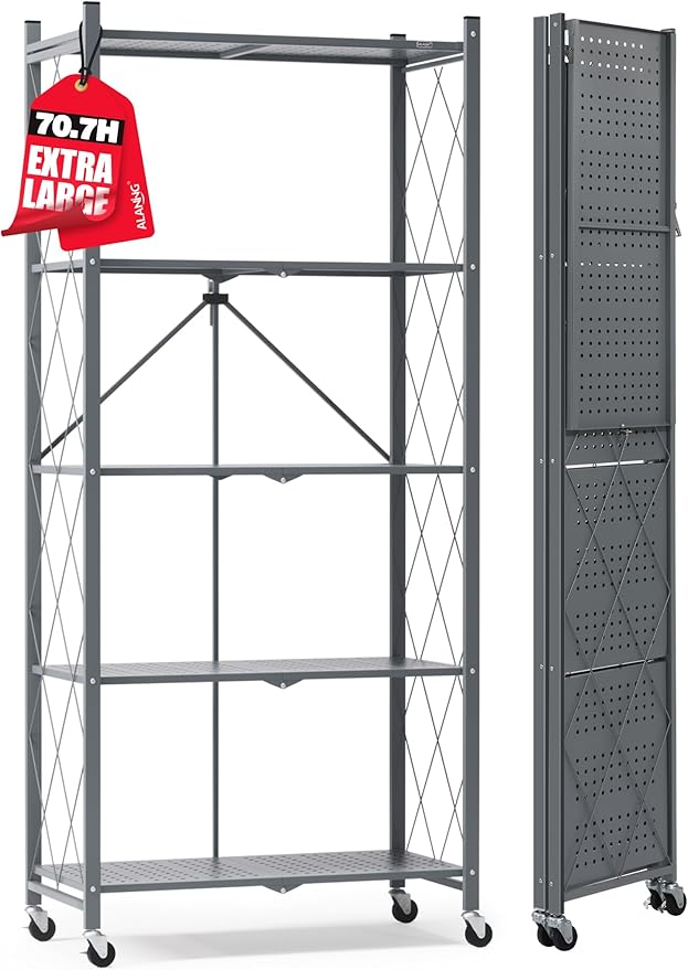 ALANNG 70.7" H Metal Storage Shelves, 5 Tier Folding Storage Shelves on Wheels, Heavy Duty Collapsible Shelving Unit, No Assembly Storage Rack for Kitchen, Basement, Pantry (Grey,1 Pack)