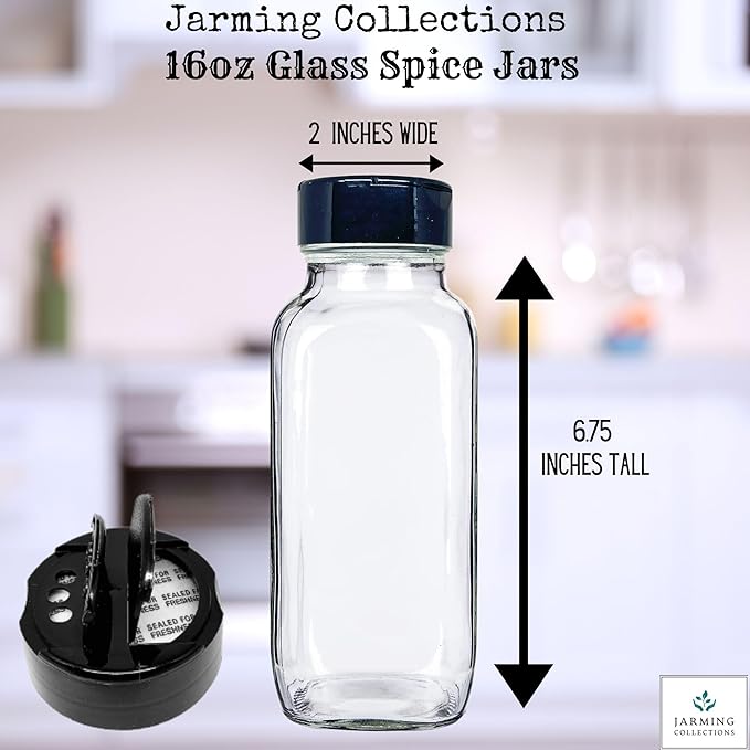 JARMING COLLECTIONS Glass Spice Jars with Shaker Lids - Spice Jars 16 oz for Food Storage, Spice Containers for Kitchen Organization and Storage, Bottles for Spices (Black - 16 Ounce 3 pack)