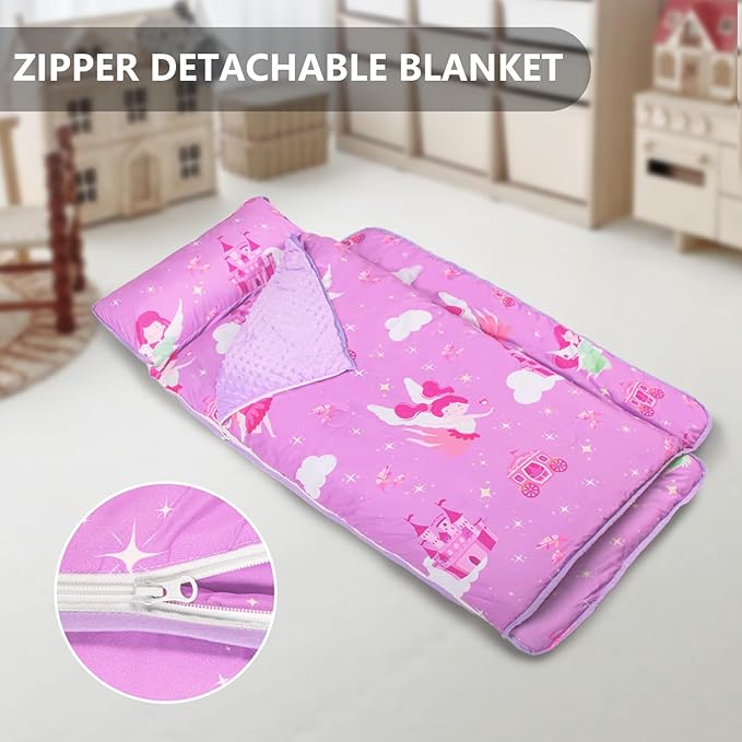 Primlect Toddler Nap Mat Extra Large Thickened 55''x35'', Soft Sleeping Bag with Detachable Minky Blanket and Pillow, Portable for Daycare, Preschool, Kindergarten, Travel, Boys and Girls