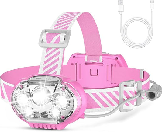 Rechargeable Headlamp, High Lumen Bright 5 LED Head Lamp with Red White Light,IPX4 Waterproof Headlight,8 Mode Head Flashlight for Outdoor Running Hunting Fishing Hiking Camping Gear-Pink
