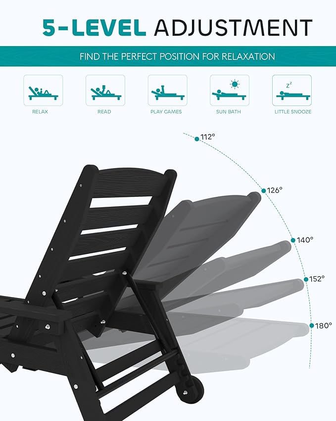 SERWALL Patio Chaise Lounge Chair Set of 6, 5 Positions Adjustable Poly Outdoor Lounge Chair for Pool, HDPE Lounge Chair with Rolling Wheels & Cup Holder for Poolside, Deck, Obsidian Black