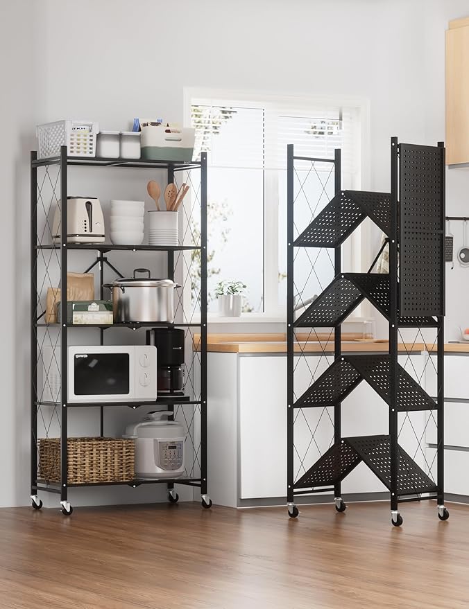ALANNG 70.7" H Metal Storage Shelves, 5 Tier Folding Shelf on Wheels, Heavy Duty, No Assembly, Rolling, Collapsible Rack Unit for Kitchen, Basement, Pantry (Black,2 Pack)