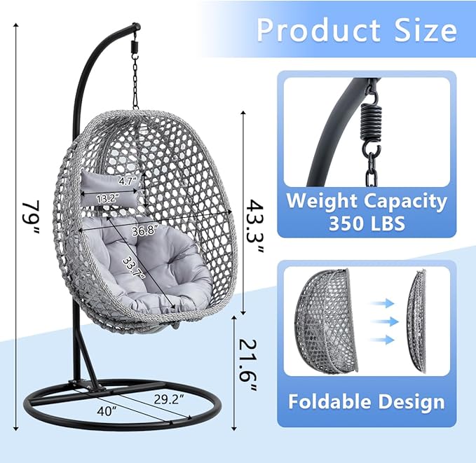 JUFU Egg Swing Chair with Stand,Hanging Egg Chair Indoor Outdoor,Hammock Hanging Basket Chair with Aluminum Steel Frame，Patio Egg Chair with Removable Cushions for Patio Balcony Backyard,Bedrooms
