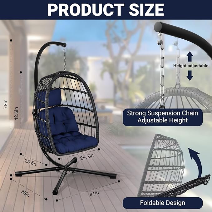 Egg Chair with Stand,Patio Rattan Wicker Hanging Swing Egg Chair Hammock Chair for Bedroom Porch Garden,Thickened Aluminum Alloy Steel Frame and UV Resistant Cushion,350LBS Capacity